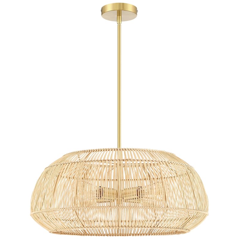 4 - Light Rattan Pendant Chandelier with Brass Canopy - 22 in