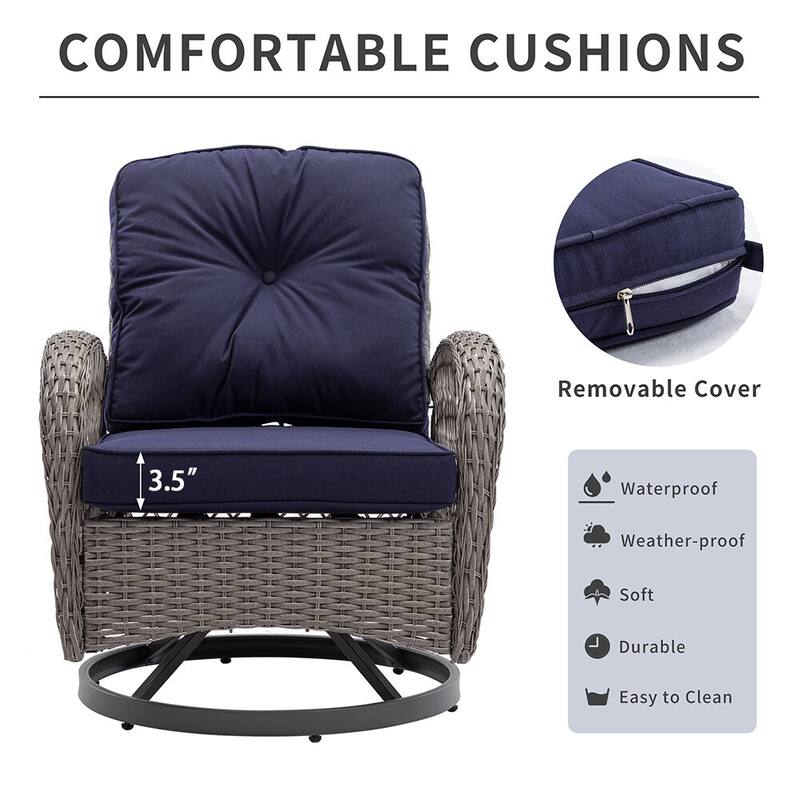 3 Pieces Outdoor Swivel Rocker Chairs, 360 Degree, Thickened Cushions & Glass Coffee Table