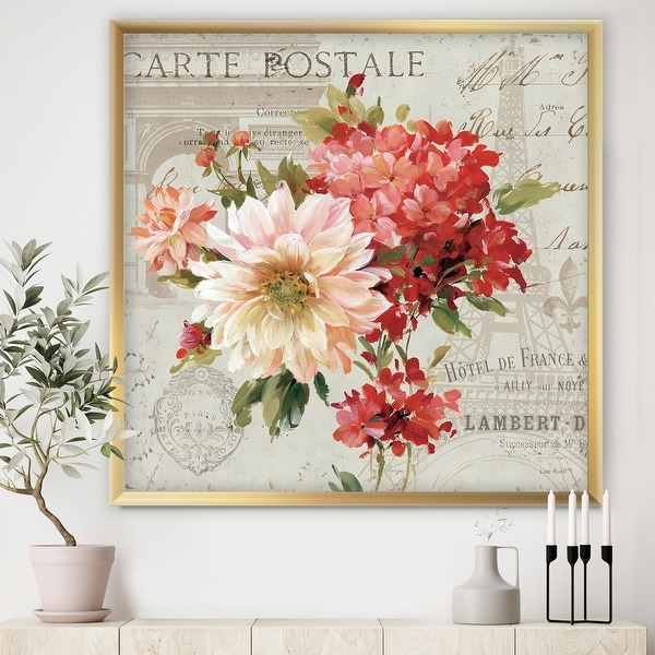 Designart 'Red Painted Flowers on Vintage Postcard I' Traditional Framed Art Print. Opens flyout.