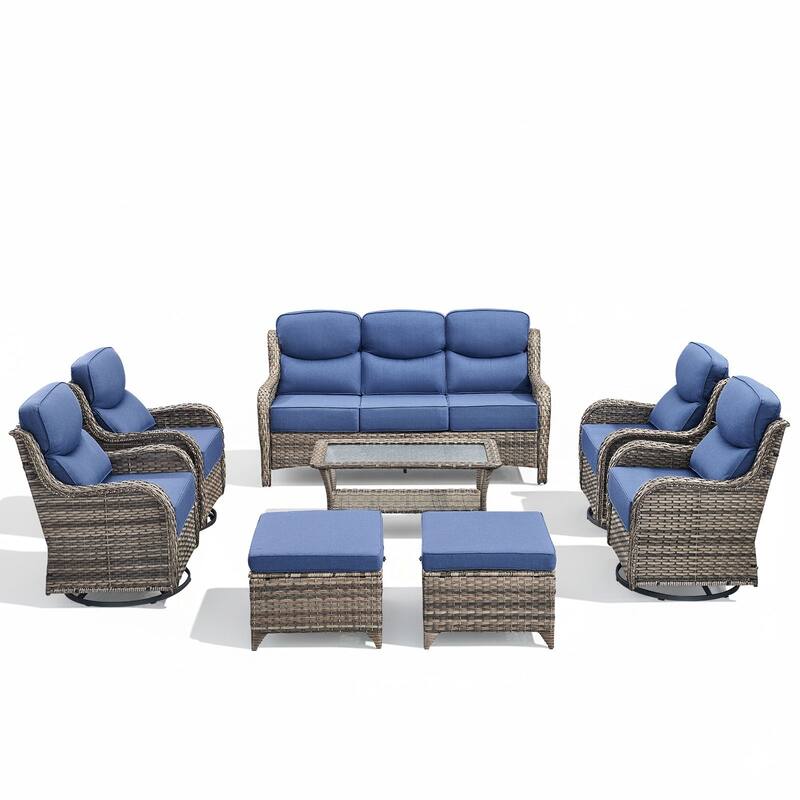 Arcadia 8-Piece Wicker Patio Conversation Set with Swivel Gliders and 6-Inch Thick Olefin Cushions