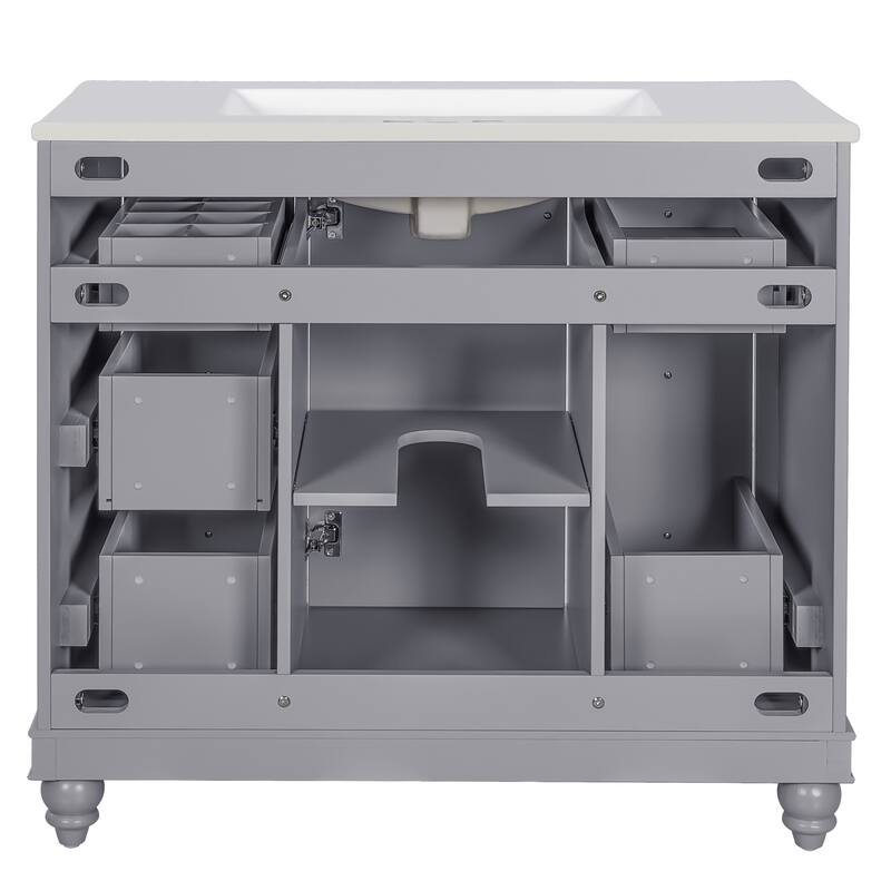 Bathroom Vanity Storage Cabinet with 4 Drawers, Removable Dividers, Adjustable U-shaped Shelf and Silver Handles