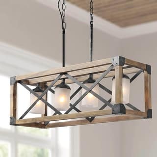 Farmhouse Rustic 4-Light Chandelier Wood Linear Island Lights