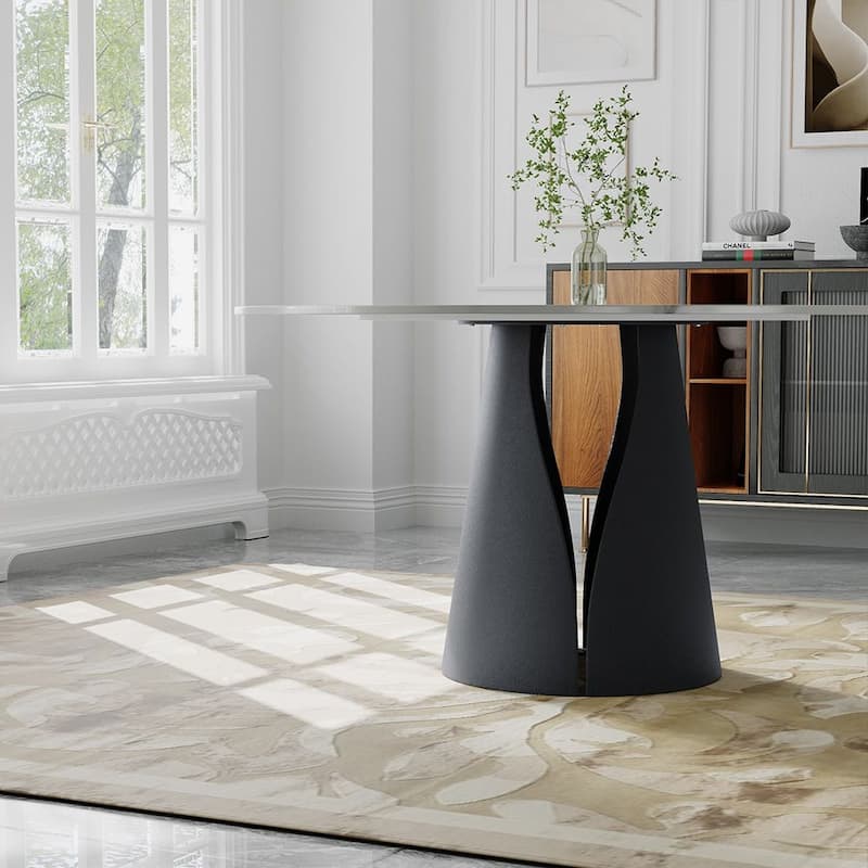 Modern Round White Dining Table，Sintered Stone Tabletop, Solid Black Carbon Steel Base