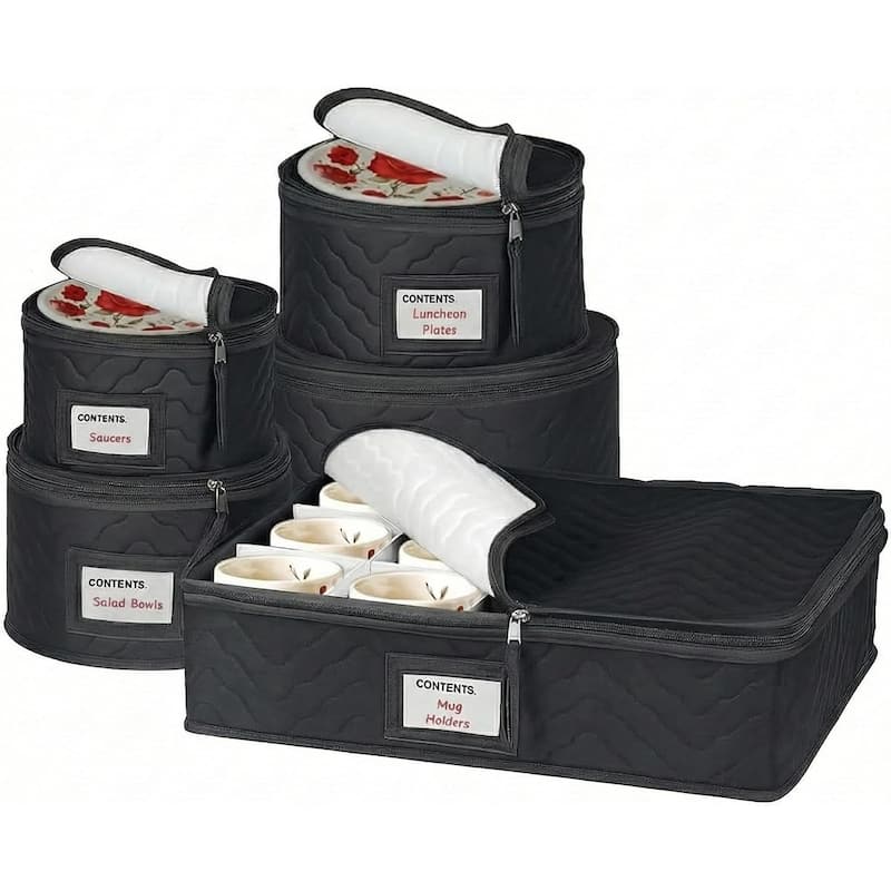 Dinnerware Storage Organizer 5-Piece Set for Fine China, Plates, Saucers, Bowls, Tableware Cups & More. - Black