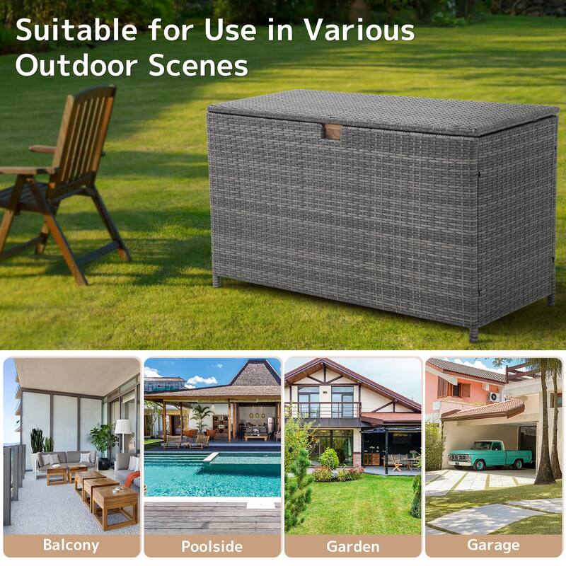 120 Gallon Outdoor Wicker Cushion Storage Storage Box, Garden Deck Bin with Aluminum Frame - 51.2” (L) x 20.5” (W) x 29” (H)