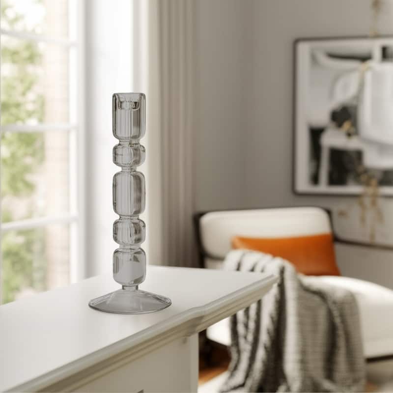 Modern Candle Holder with Stacked Sculptural Glass Base - 4" x 4" x 10"
