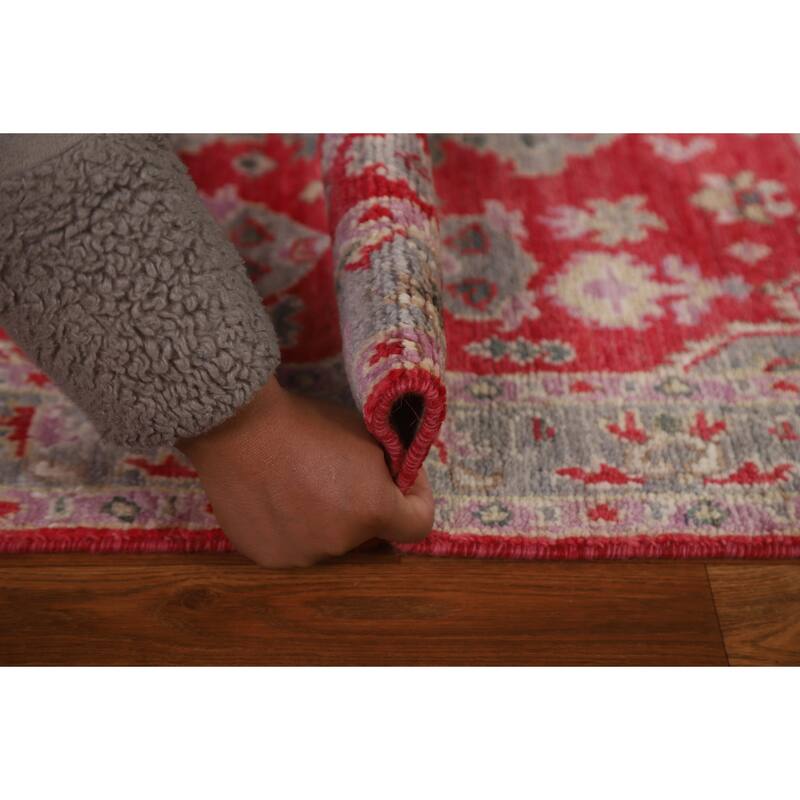 Red Geometric Oushak Turkish Oriental Rug Hand-knotted Wool Carpet - 3'0" x 3'9"