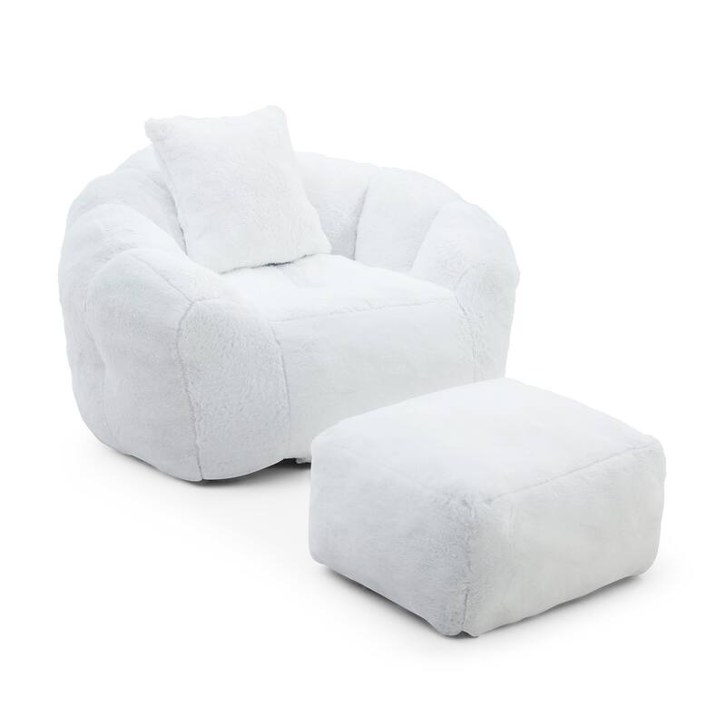 Faux Fur Shell Bean Bag Chair Sets with Footstool and High-Density Foam