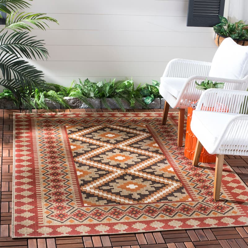 SAFAVIEH Veranda Eyvor Indoor/ Outdoor Waterproof Patio Backyard Rug - 4' x 5'7" - Red/Natural
