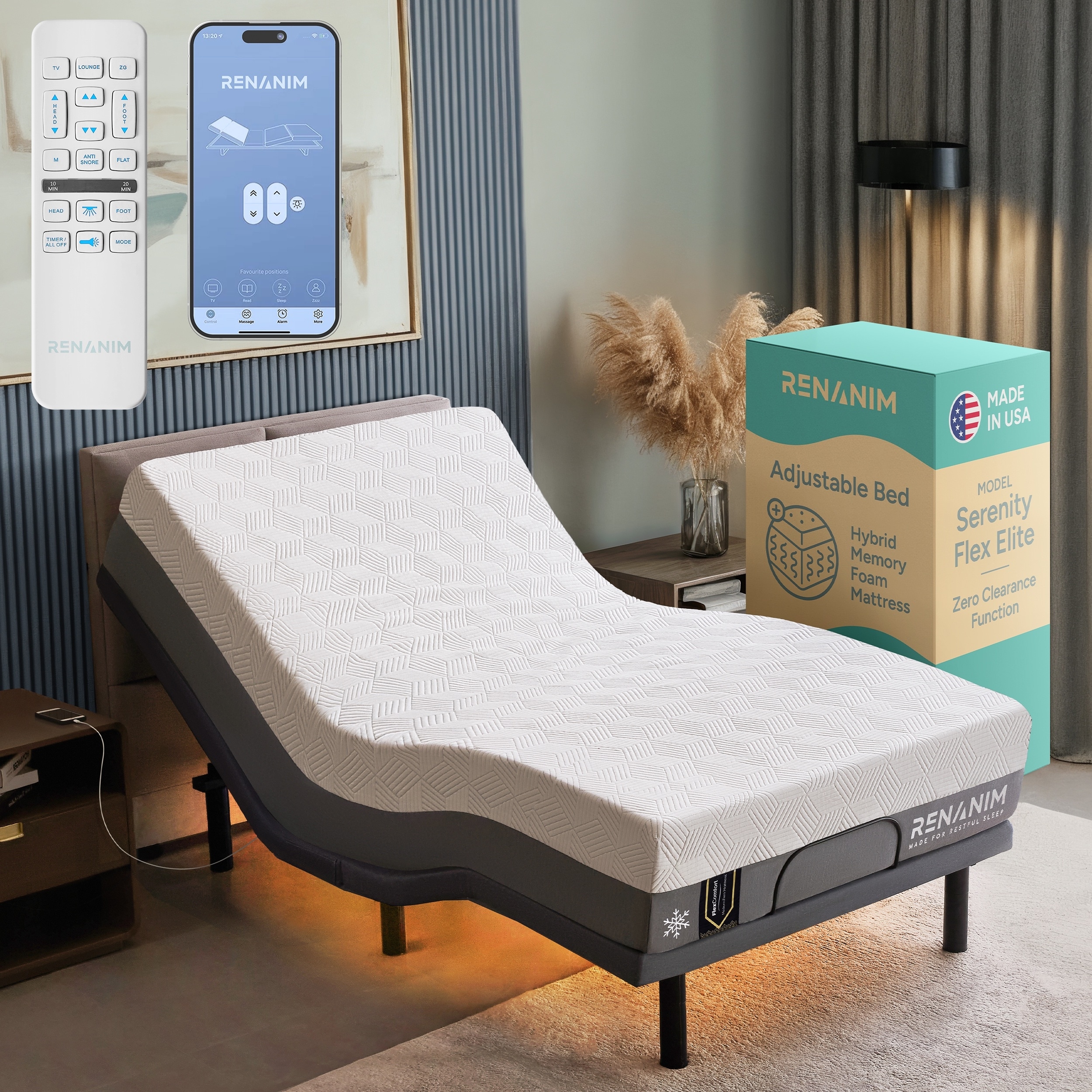 Renanim Adjustable Bed with 14" Mattress, Anti-Snore Preset, Dual Massage, USB Ports, App Control, Remote, Underbed Light