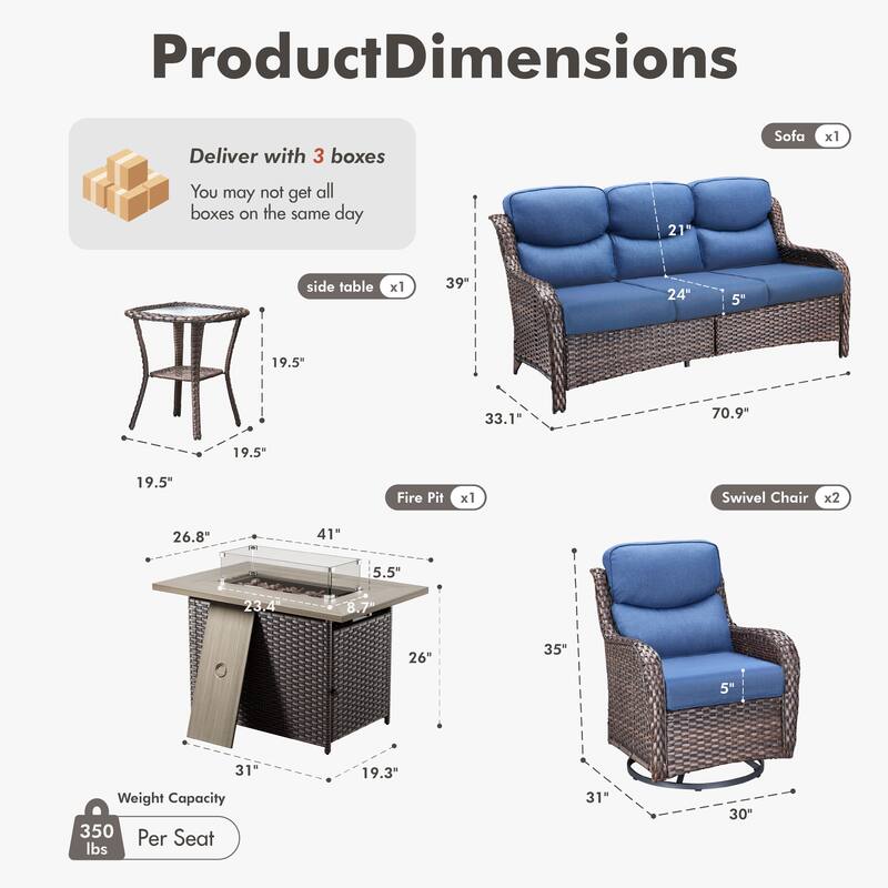 Meyreso 5-Piece Outdoor Patio Wicker Fire Pit Conversation Set with 5-Inch Thick Olefin Cushions