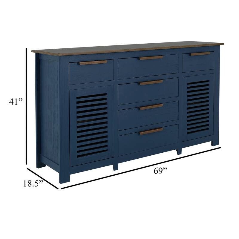 Boney Sideboard Buffet Console, 6 Drawers, 2 Doors, Blue Brown 69 Inch