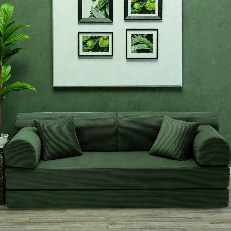 Convertible Sleeper Sofa Bed, 4-in-1 Corduroy Folding Floor Couch with Cylindrical Pillow, 2-Seat Space-Saving Lounge Sofa