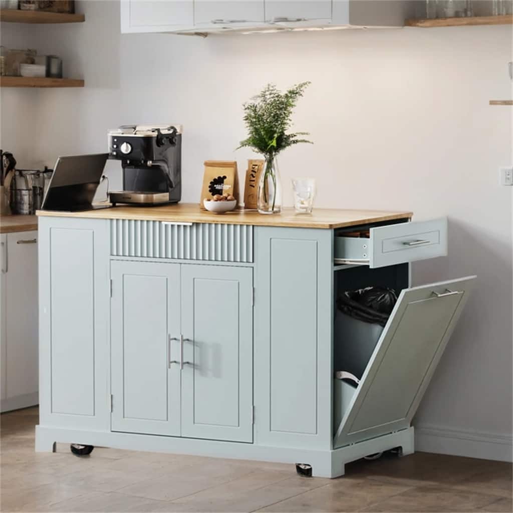 Rolling Kitchen Island w/ Power Outlet,Internal Rack,3 Open Side Racks