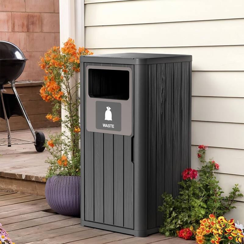 Single-Barrel Outdoor Trash Can,Waterproof Resin Garbage Can with Garbage Labels,Durable Waste Bin for, Backyard