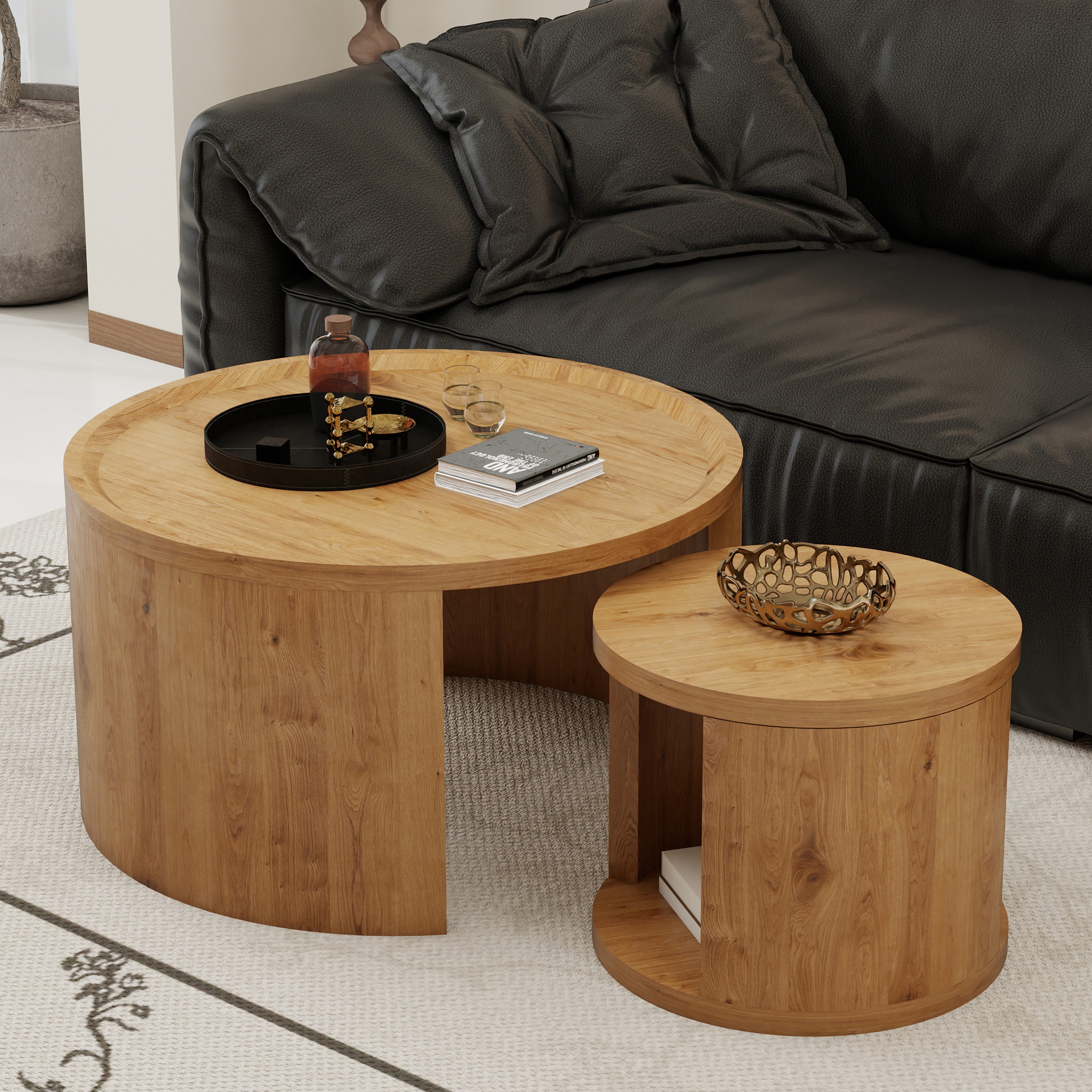 Round Nesting Coffee Table Set of 2, Natural wood color Coffee