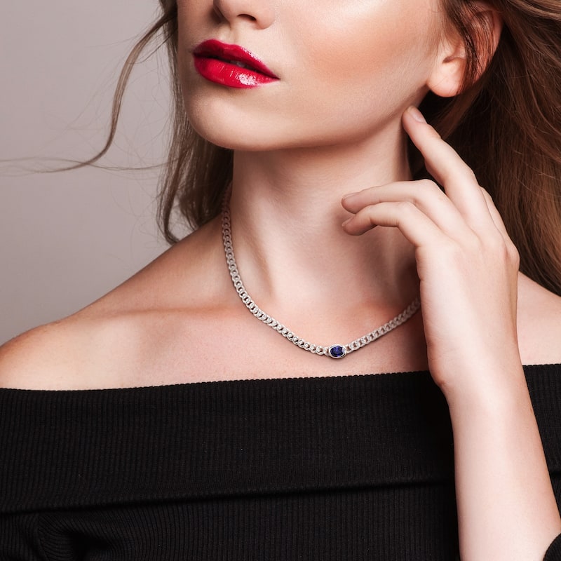 Miadora 1 1/4ct TGW Oval Created Blue Sapphire Curb Link Necklace Sterling Silver