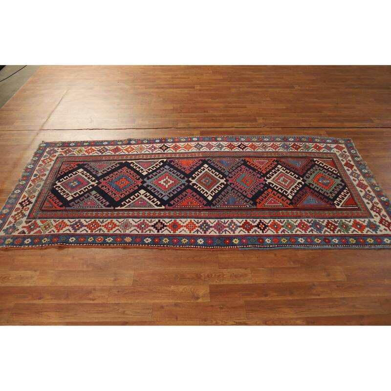 Hand Knotted Oriental 100% Wool Carpet Traditional Geometric Multi-Colored Kazak Runner Rug - 7' 6'' X 3' 4''