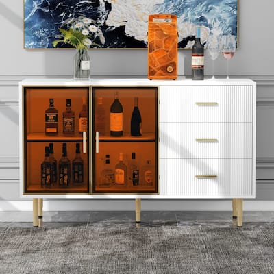 Sideboard Display Case w/ Drawers, Amber-yellow Tempered Glass Doors, Marble Sticker Tabletop, Gold Metal Legs & Handles