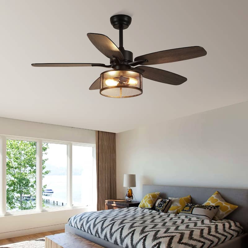 48“ and 56" Farmhouse Caged Light Ceiling Fan with Wood Blades Remote Control for Living Room Bedroom Patio 2*E26 Bulbs