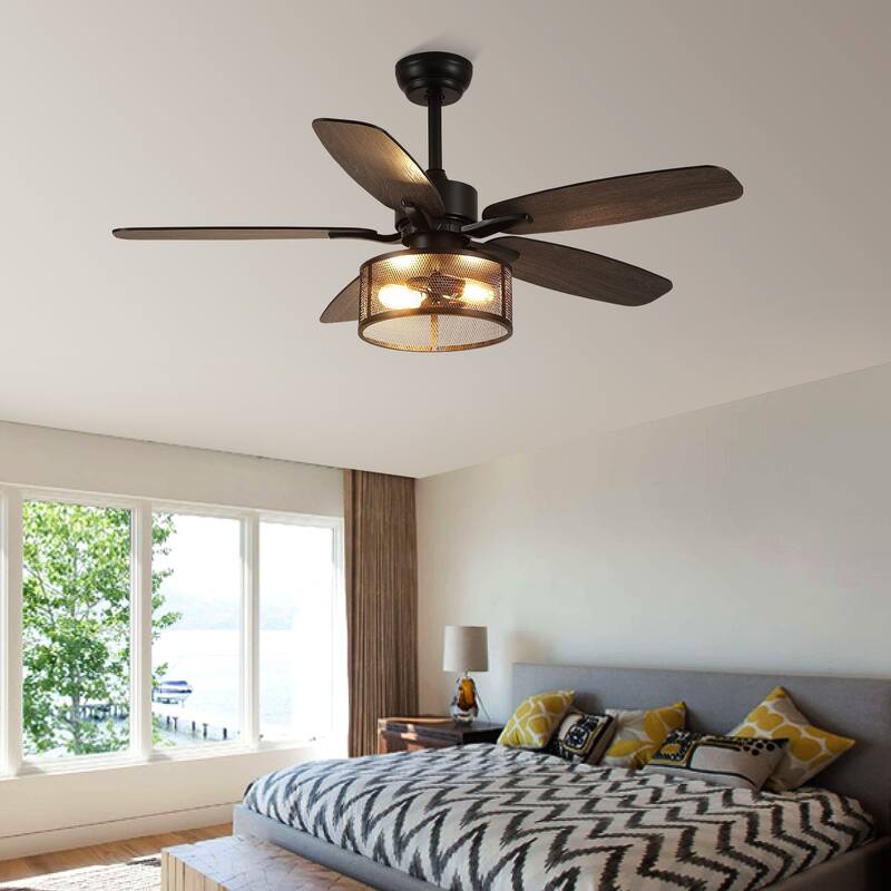 56 Inch Ceiling Fan with Caged Light and Plywood Blades for Farmhouse Living Room Bedroom