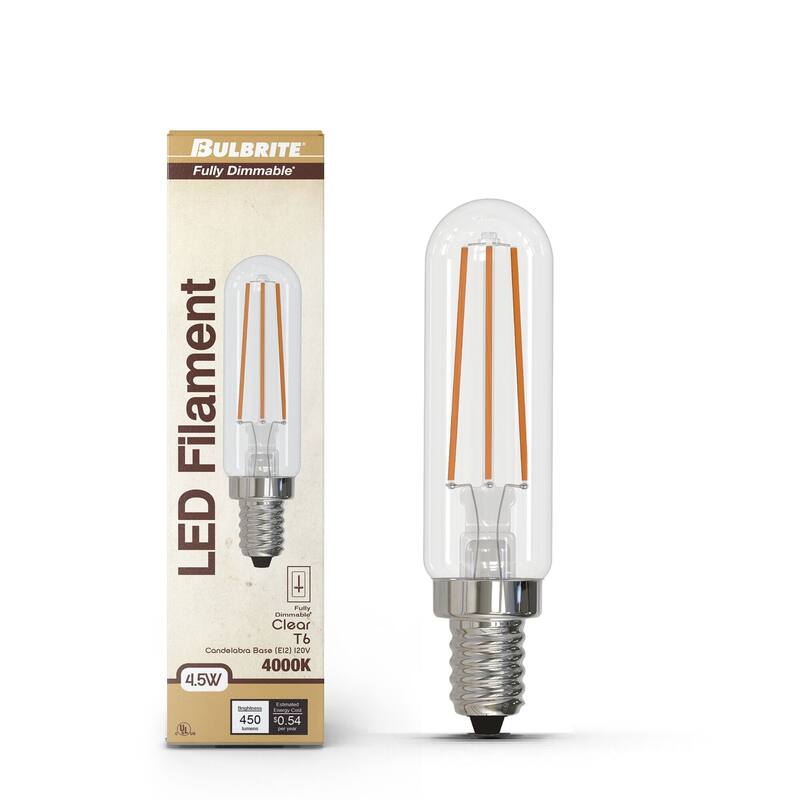 Bulbrite LED Filament Pack of (4) 4.5 Watt Dimmable T6 Light Bulb with Clear Glass Finish and Candelabra (E12) Base