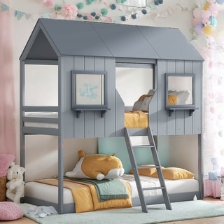 Twin Over Twin Bunk Bed Playhouse Design,Roof, Window, Guardrail, and Ladder