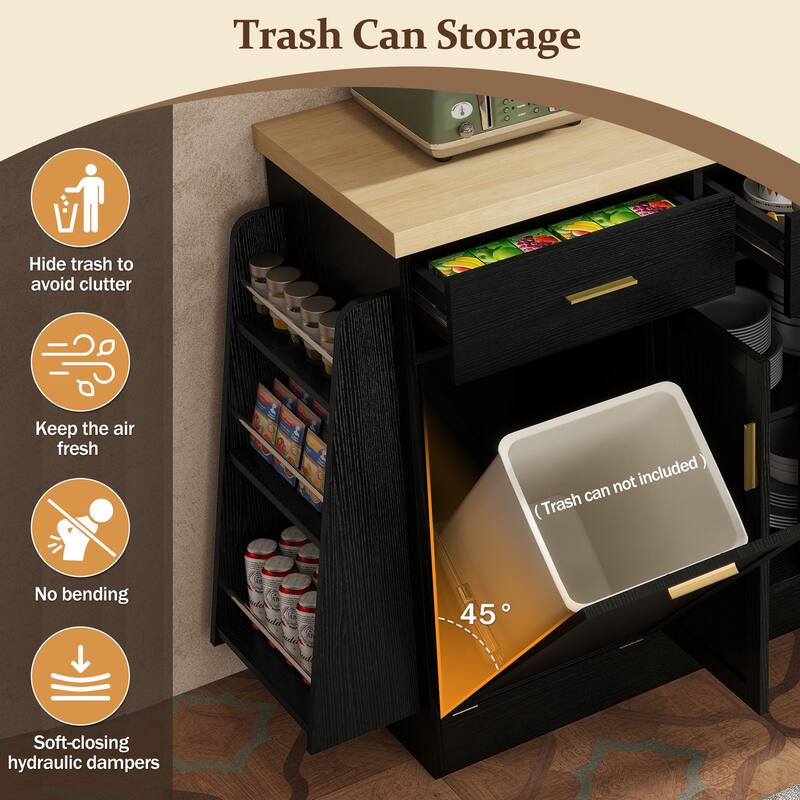 Kitchen Island, Multi-Functional Kitchen Sideboard - Storage Cabinet with Trash Can Holder, Sliding Door & 3-Tier Spice Rack