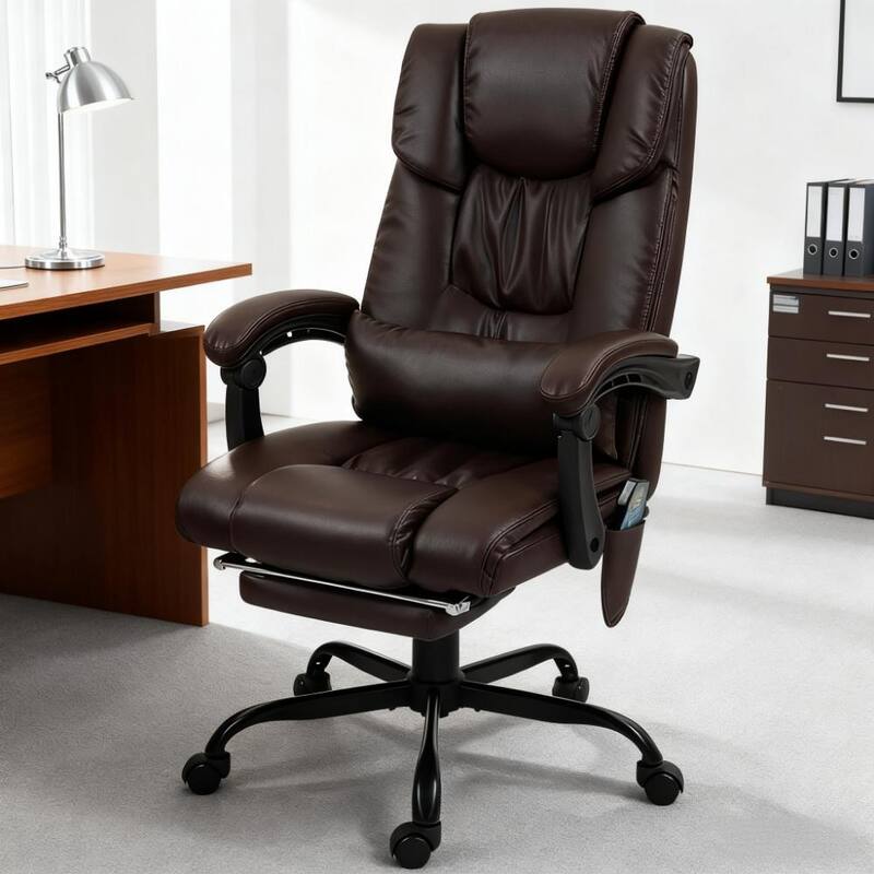Massage Office Chair with 6 Vibrating Points, High Back Reclining Office Chair with Footrest and Remote, For Home and Office - Brown