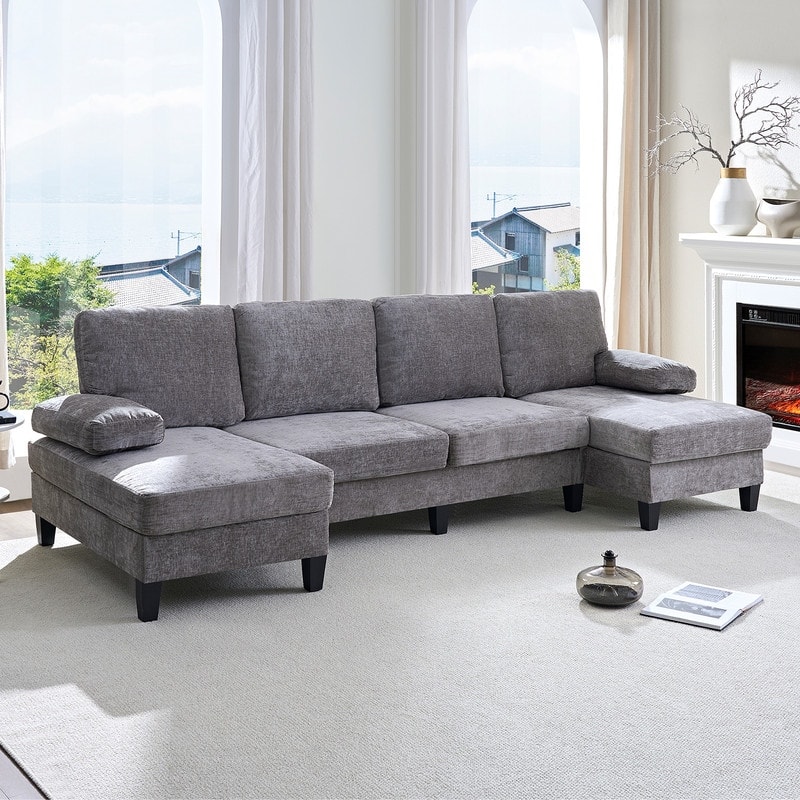 Mixoy 110"U-Shaped Sectional Couches,Chenille Fabric Upholstered Large 4-Seater Sofa with Double Chaises and Sleepable Armrest - Light Grey - Symmetrical