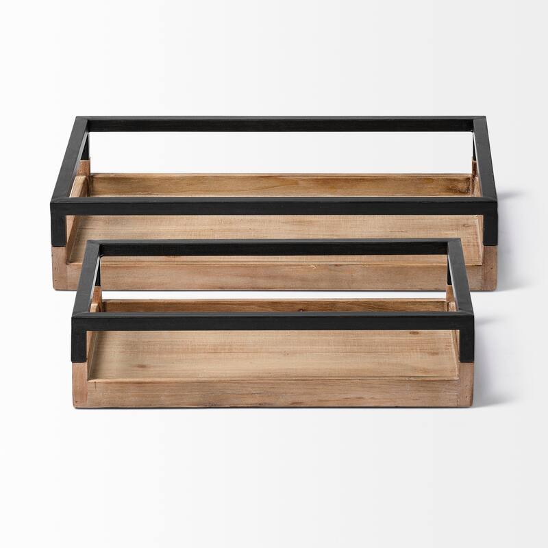 Ross Set of 2 Natural Wood W/ Black Metal Nesting Trays - 18.9L x 11.8W x 3.9H