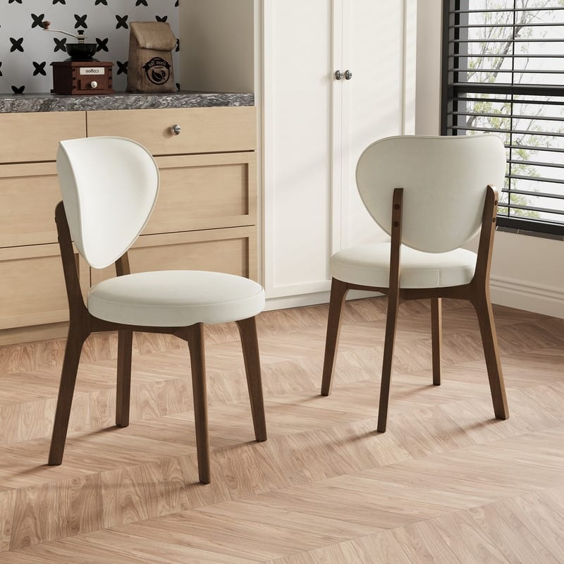 Mid-Century Modern Beige PU Leather Dining Chairs, Fully Assembled with Solid Wood Legs