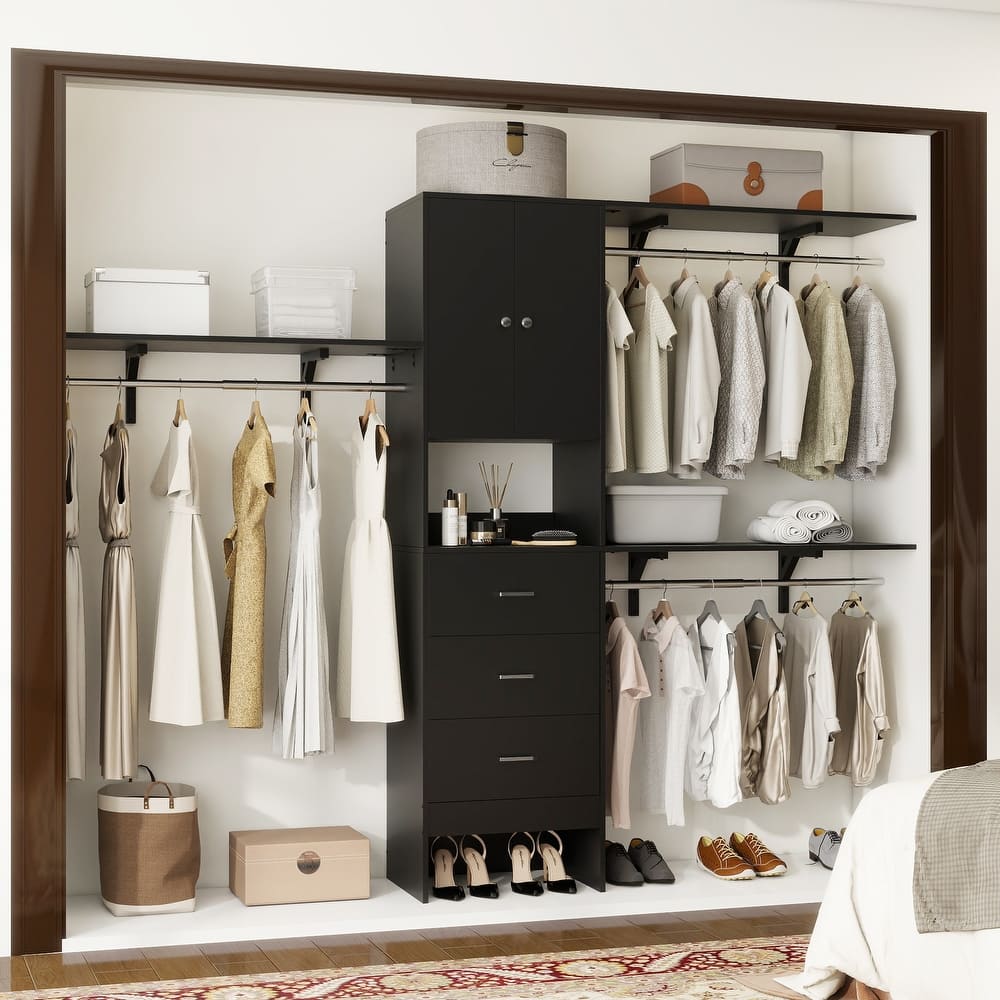 20''-96'' Wide Wooden Closet Organizer With Doors, Adjustable Closet System with Drawers and Hanging Rods