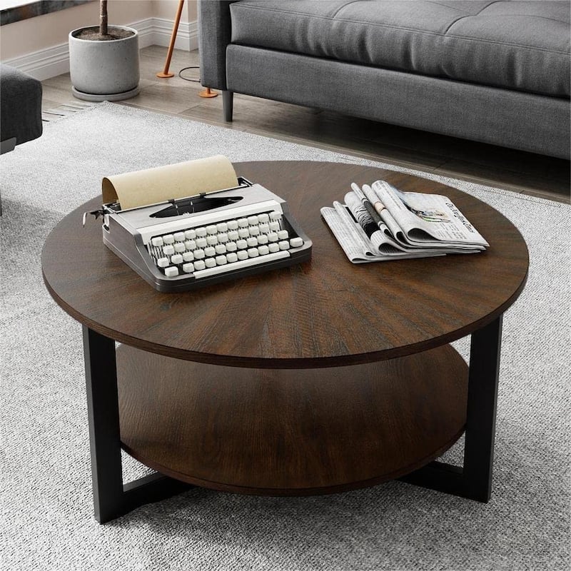 Round Coffee Table with Solid Wood Storage Circle Center Table - Coffee Table - Rustic Brown