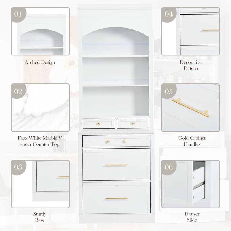 83.7" Freestanding Kitchen Pantry with Faux Marble Top, Storage Drawers and Adjustable Shelves, Set of 2 Tall Cabinets