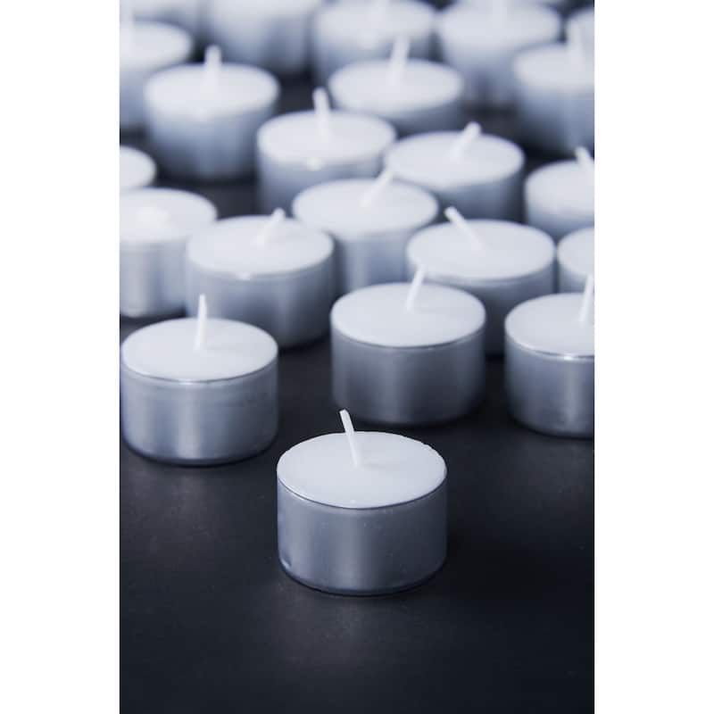 8 Hour Event Tealight Candles Set of 50 White Wax Tea Lights for Everyday Use Burn Time 8 Hours 0.88 in H x 1.5 in Dia