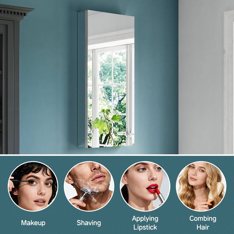 16x36" Tri-View Mirrored Medicine Cabinet with Soft-Close Blum Hinges, Reversible Door, Recessed/Surface Mount, Aluminum Body