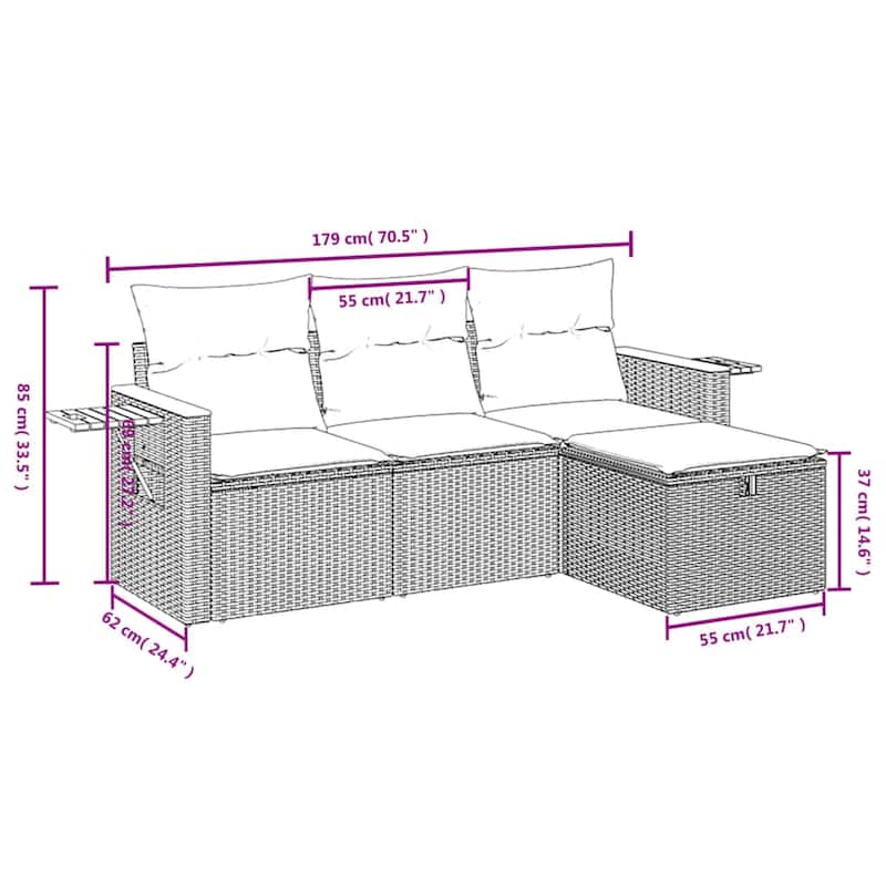 vidaXL 4 Piece Patio Sofa Set with Cushions Gray Poly Rattan - 21.7" x 24.4" x 27.2"