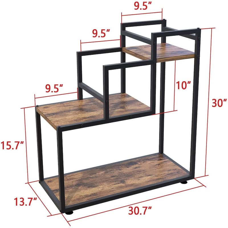 3-Tier Planter Stand Planter Shelf Black Metal Frame,Rustic brown