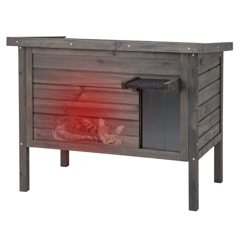 Gray Fir Wood Outdoor Cat House with Insulation, Asphalt Roof and Divider - 34.5" L x 22" W x 27" H - Grey