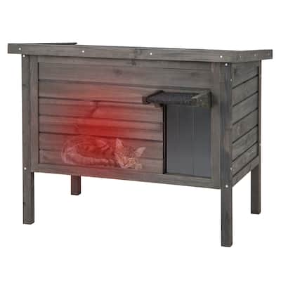Gray Fir Wood Outdoor Cat House with Insulation, Asphalt Roof and Divider - 34.5" L x 22" W x 27" H