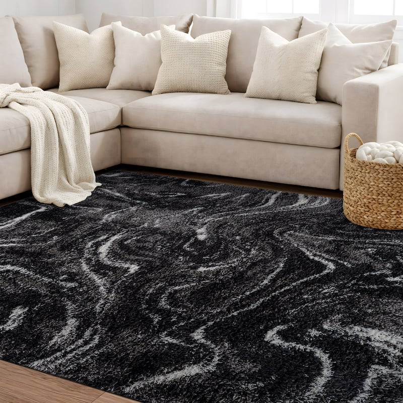 Abstract Marble Shag Rug - Anthracite Dark Gray - Plush Medium Pile, Durable with Jute Backing