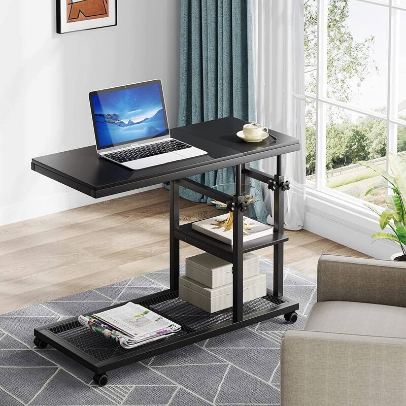 Height Adjustable C Side Table with Wheels, Sofa Bedside Laptop Desk