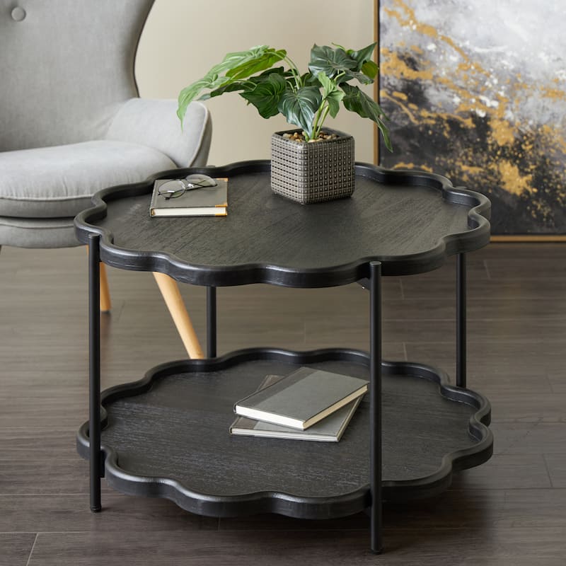 Wood Floral Inspired 2 Level Accent Table with Metal Legs - Black - Roche River Decor