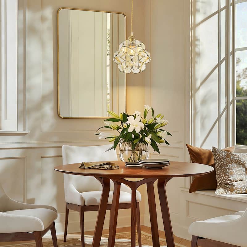 Rennnsan 1-Light Mid-Century Brass Glass Flower Pendant Light Vintage Floral Ceiling Light for Dining Room Kitchen Island