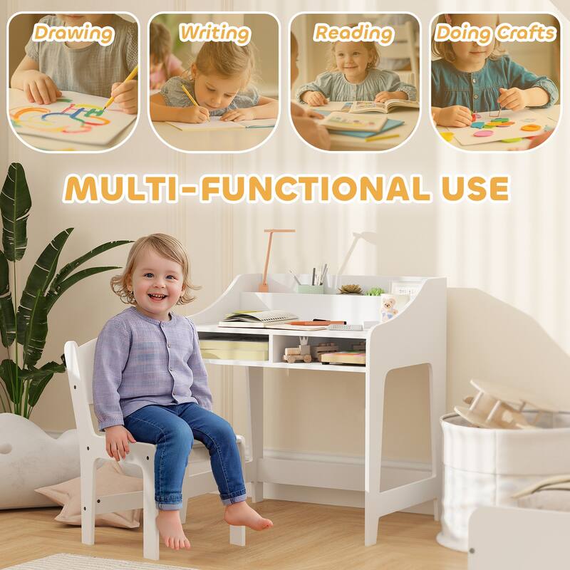 Qaba Kids Desk and Chair Set, Children Study Table with Storage and Shelves, Student Writing Desk, Natural Wood