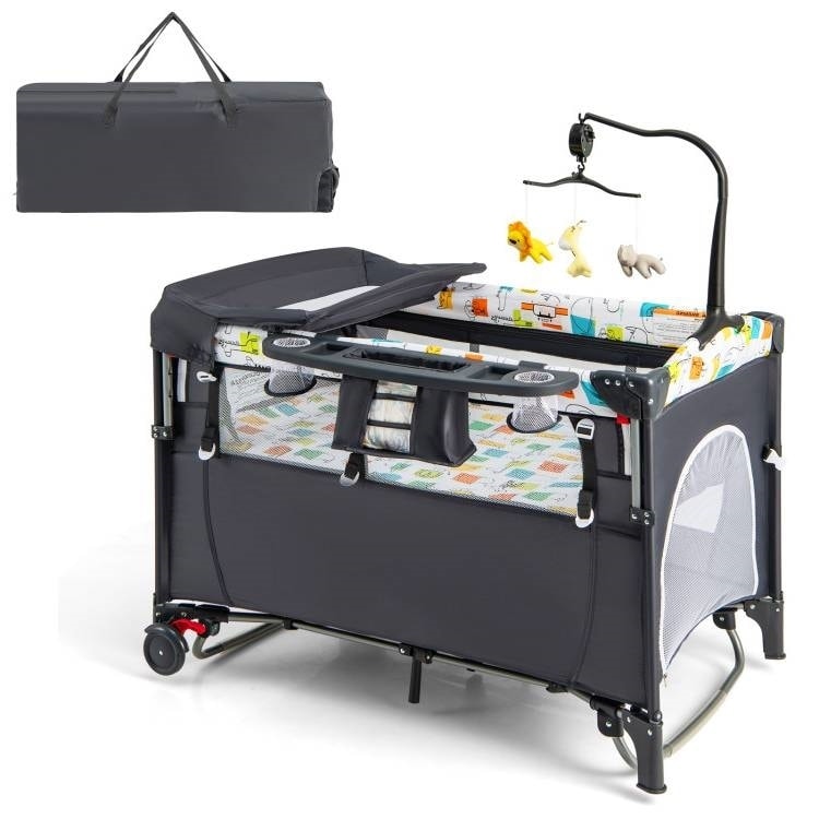 5-in-1 Infant Bed Cradle Changing Table with Side Storage and Music Rack Safety Strap - 43" x 29.5" x 32.5" (L x W x H) - Grey