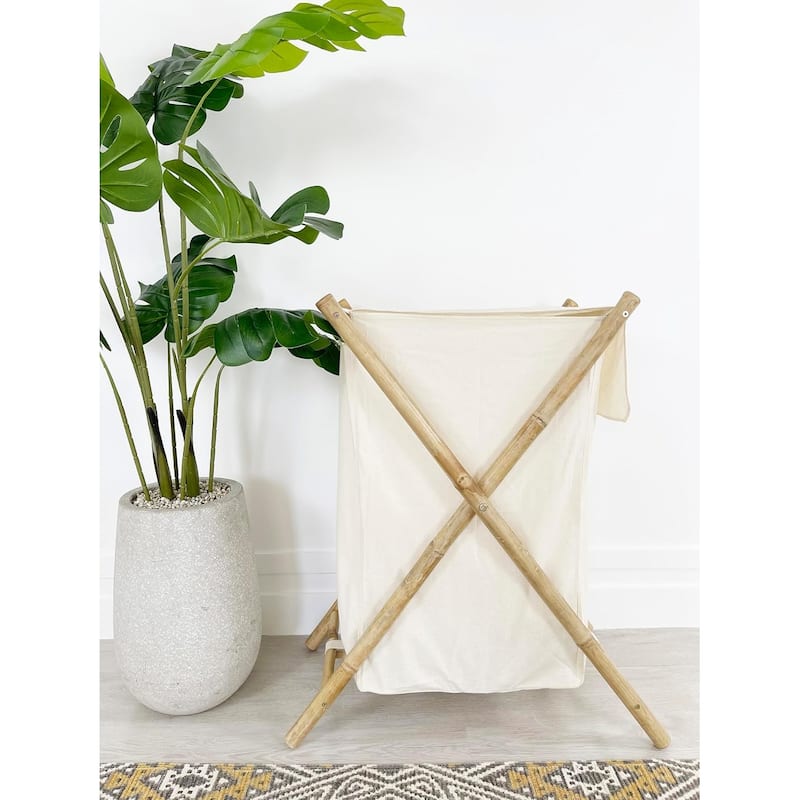 Collapsible Folding Bamboo Rattan X-Frame Laundry Hamper with Lid - Tan