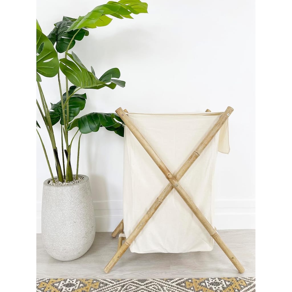 Collapsible Folding Bamboo Rattan X-Frame Laundry Hamper with Lid