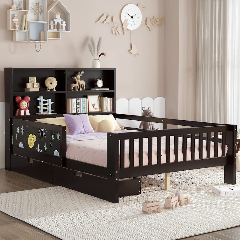 Childlike Fun Solid Wood Low-profile Platform Bed Storage Bed Frame with Side Chalkboard, Open Shelves, Drawers and Guardrails